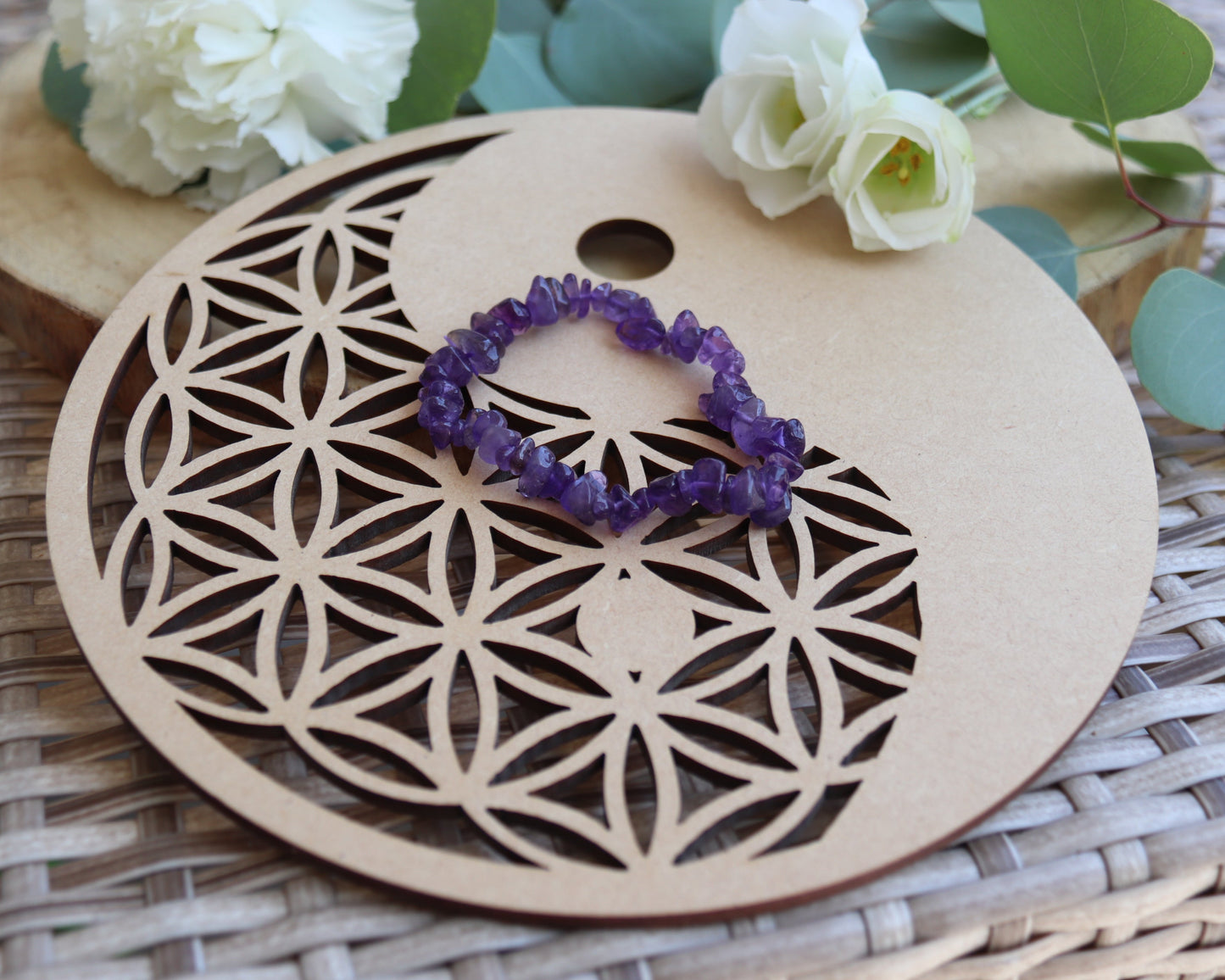 Plaque en Bois Fleur de Vie Yin Yang – 20 cm