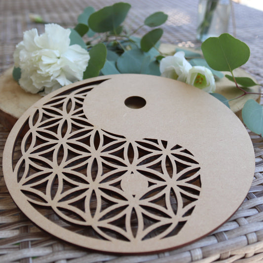 Plaque en Bois Fleur de Vie Yin Yang – 20 cm